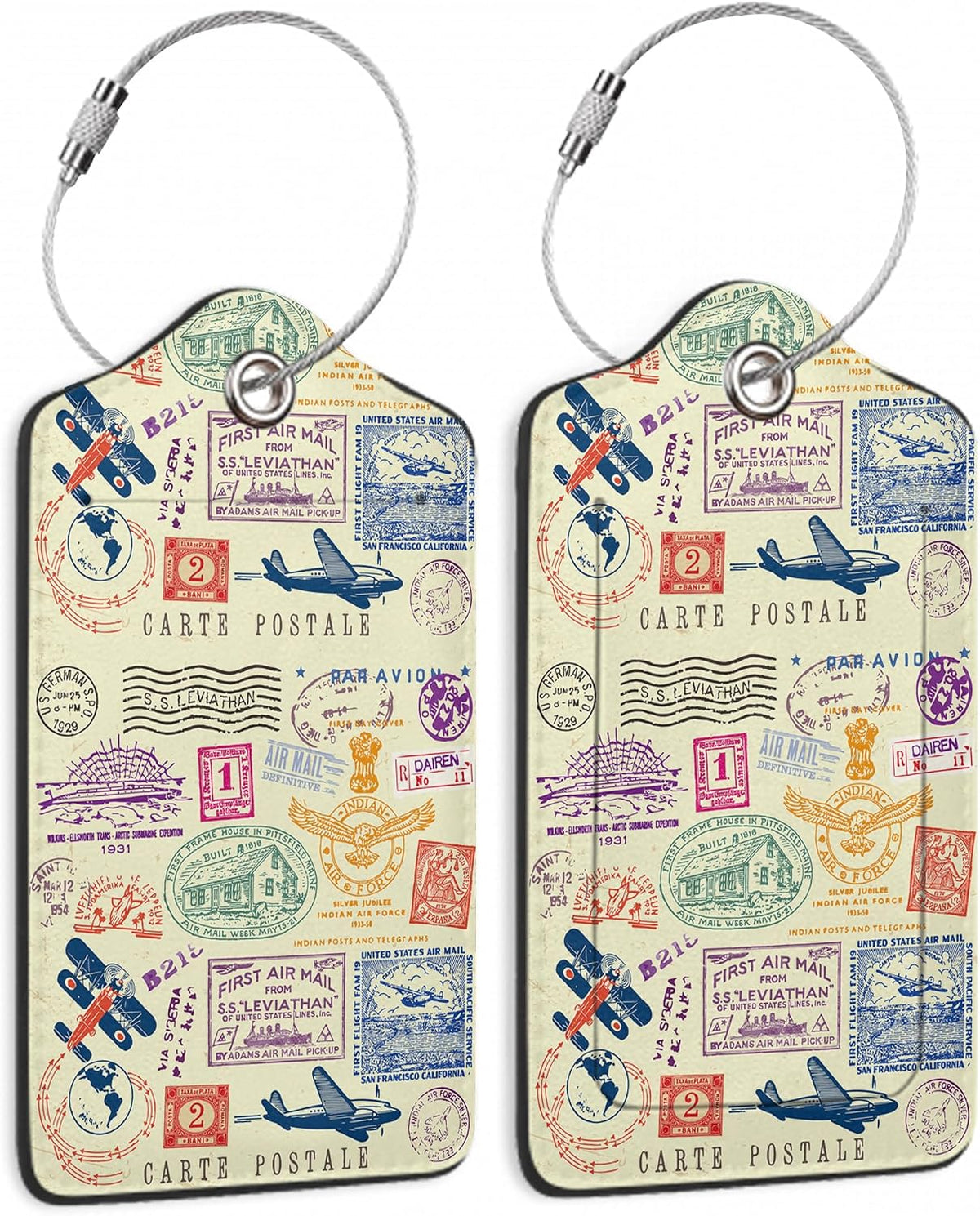 Travel Stamp Luggage Tags for Suitcase,2 Pack Retro Passport Carte Postale Luggage Tag Leather Privacy Cover ID Label with Stainless Steel Loop for Women Men Kids Girls