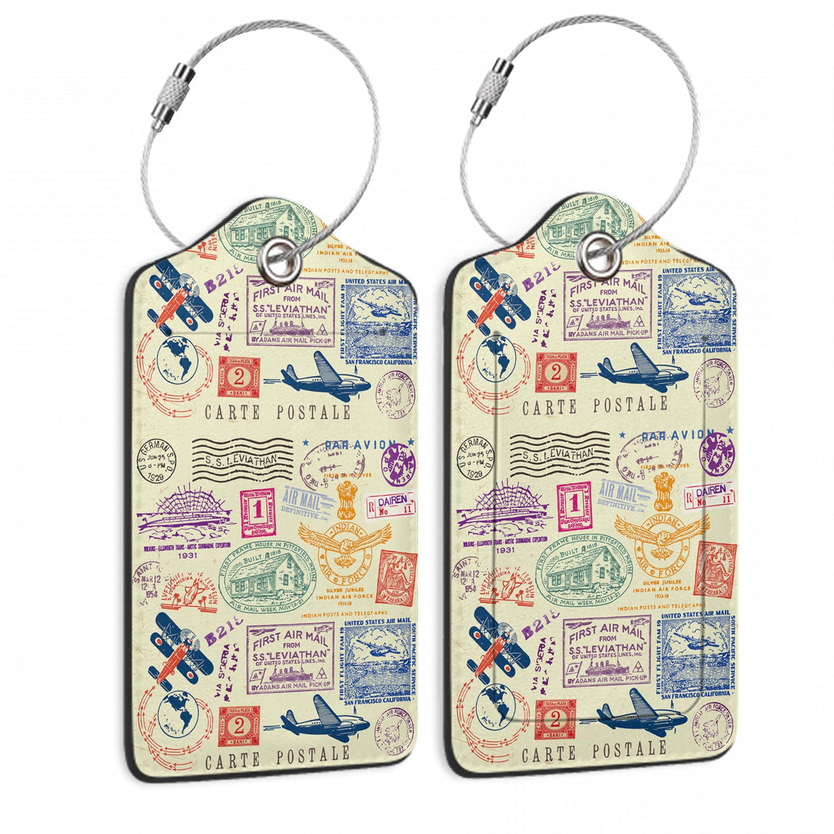 Travel Stamp Luggage Tags for Suitcase,2 Pack Retro Passport Carte Postale Luggage Tag Leather Privacy Cover ID Label with Stainless Steel Loop for Women Men Kids Girls