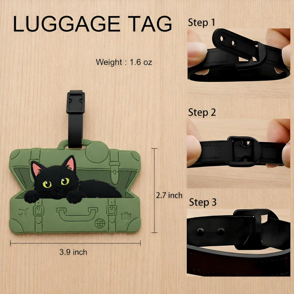 Peeking Black Cat Green Suitcase Silicone Luggage Tag for Travel Bags, Flexible Name Label with Adjustable Strap, Cute Identifier for Carry On, Backpacks, School Bags and Pet Lovers