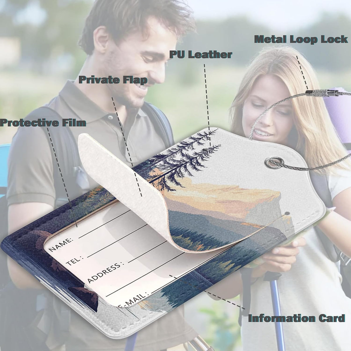 3 Pack Luggage Tag for Suitcase Leather Travel Cruise Luggage Tag with Stainless Steel Loop Name ID Label Privacy Cover for Adults Teens Travel Bag Labels Set (Mountain Forest Lake)