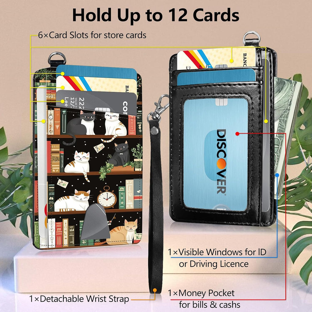 RFID Blocking Wallet Women, Slim Credit Card Holder with ID Window, Cute Small Front Pocket Card Wallet, Girls & Ladies Minimalist PU Leather Card Case for Travel Shopping Office, Bookshelf Cat