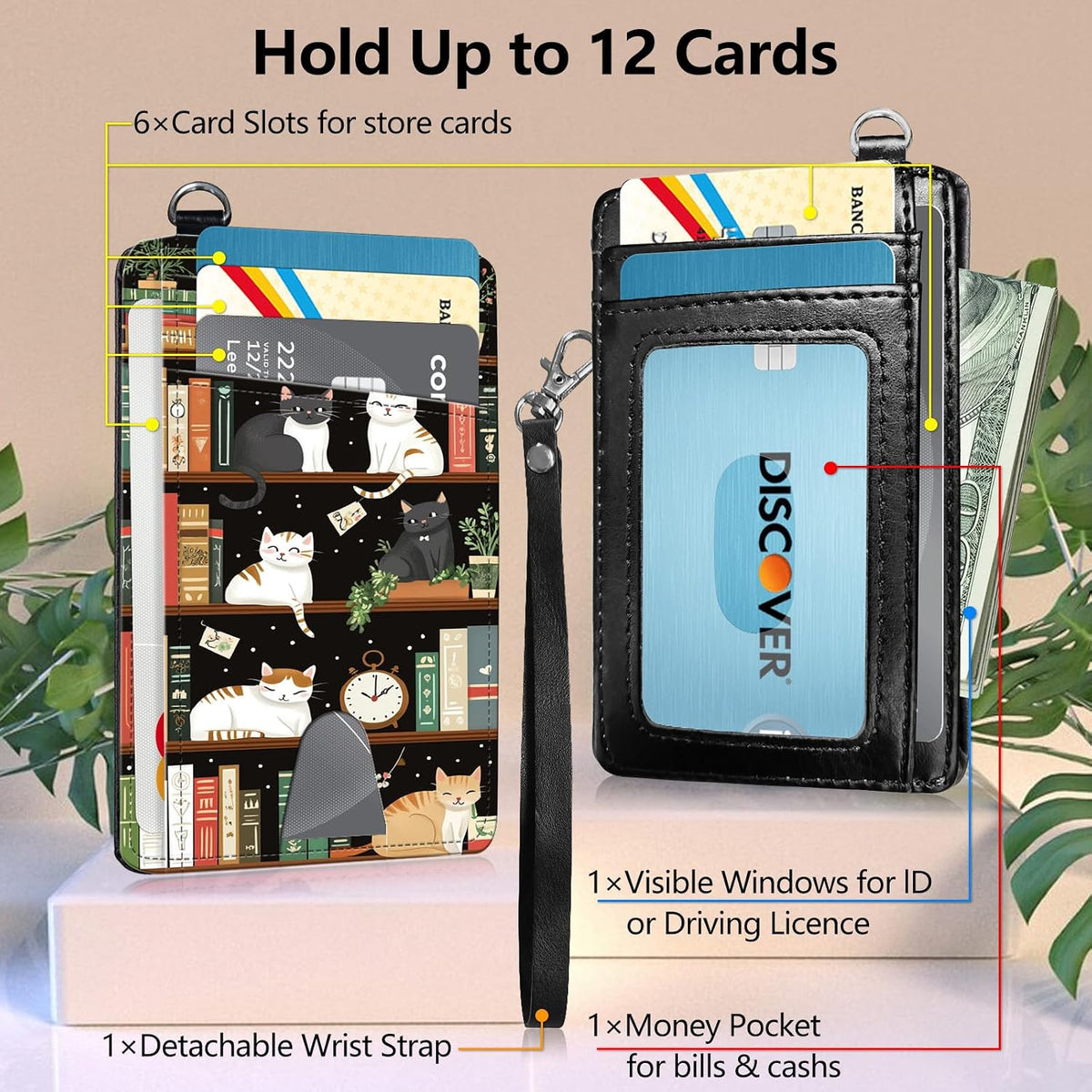 RFID Blocking Wallet Women, Slim Credit Card Holder with ID Window, Cute Small Front Pocket Card Wallet, Girls & Ladies Minimalist PU Leather Card Case for Travel Shopping Office, Bookshelf Cat