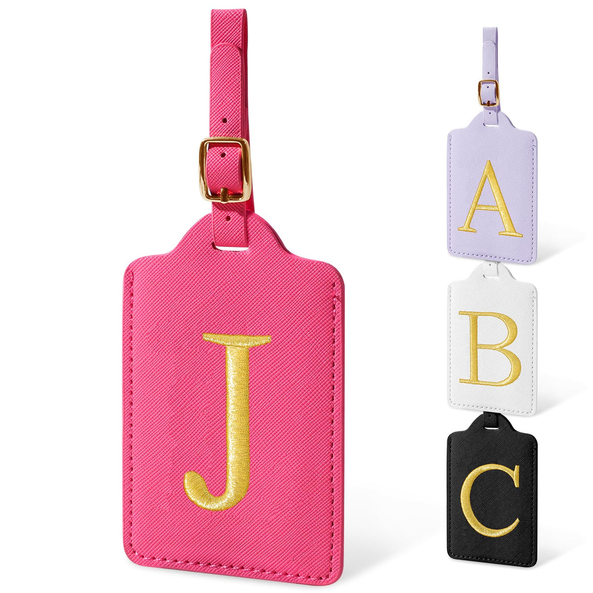 Personalized Initial Luggage Tags for Suitcases, Cute PU Leather Embroidered Letter Travel Luggage Tags, Suitcase Identifier Name Baggage Tag, Bag Tags for Men Women Kids Luggage Handbags(Pink M)