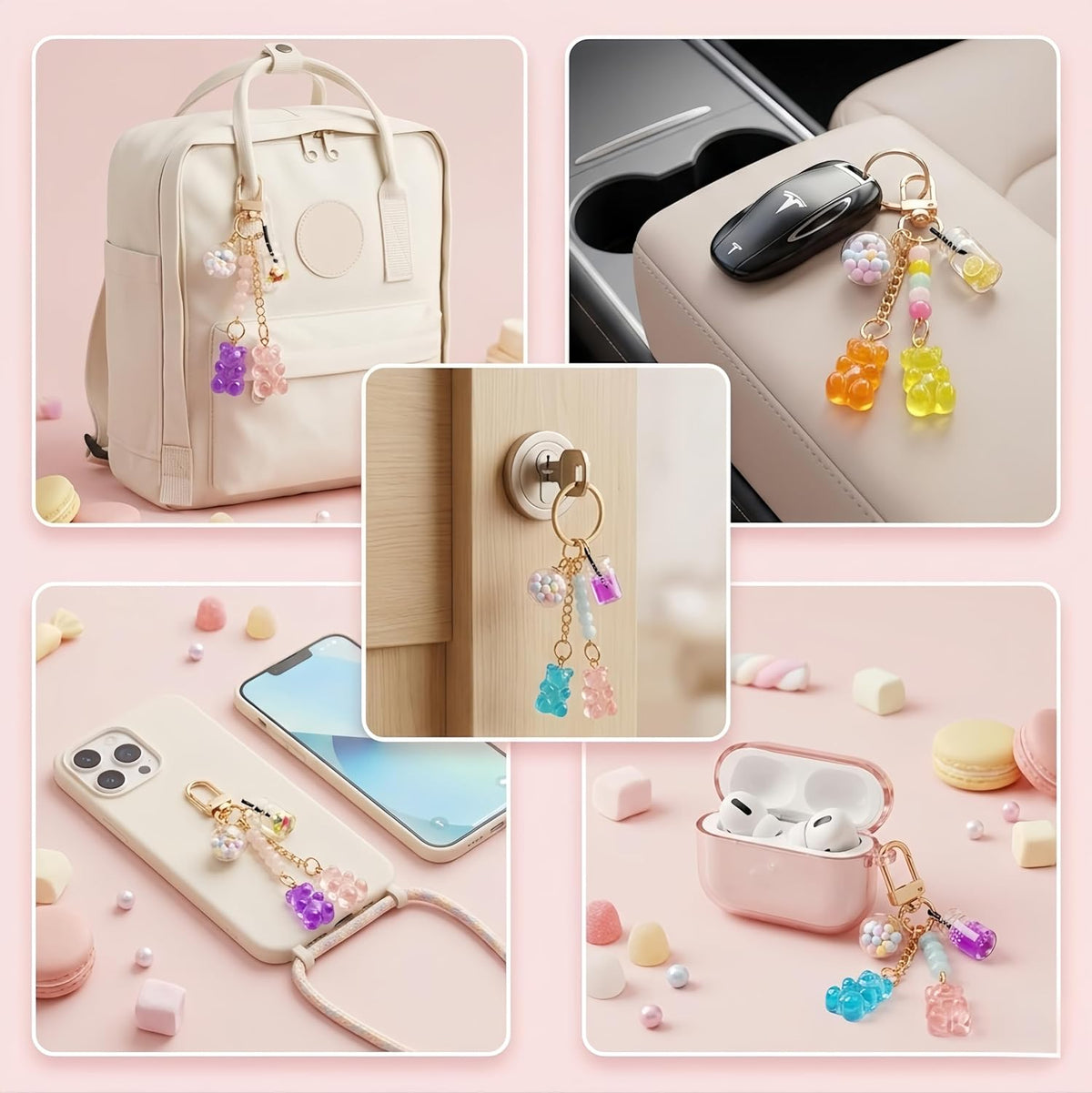6 Pack Resin Bear Keychain Set, Kawaii Candy Color Bear Key Ring Charms for Backpacks, Handbags and Car Keys