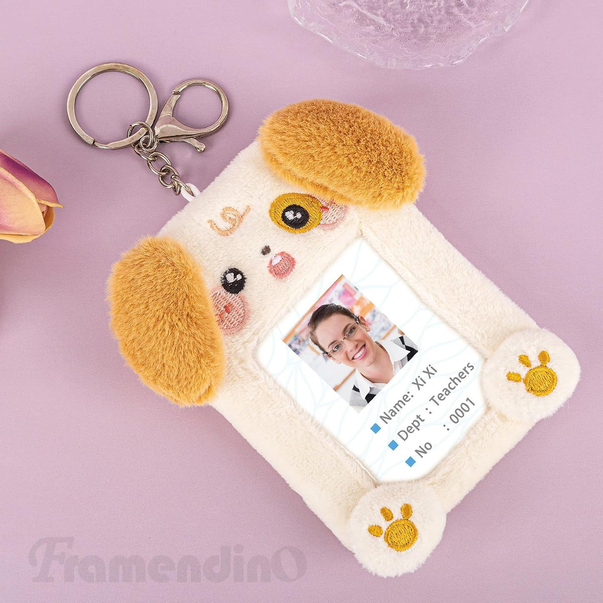 Framendino, Plush Photo Card Holder Keychain Dog Cartoon ID Sleeves for Badge Credit Idol Photos