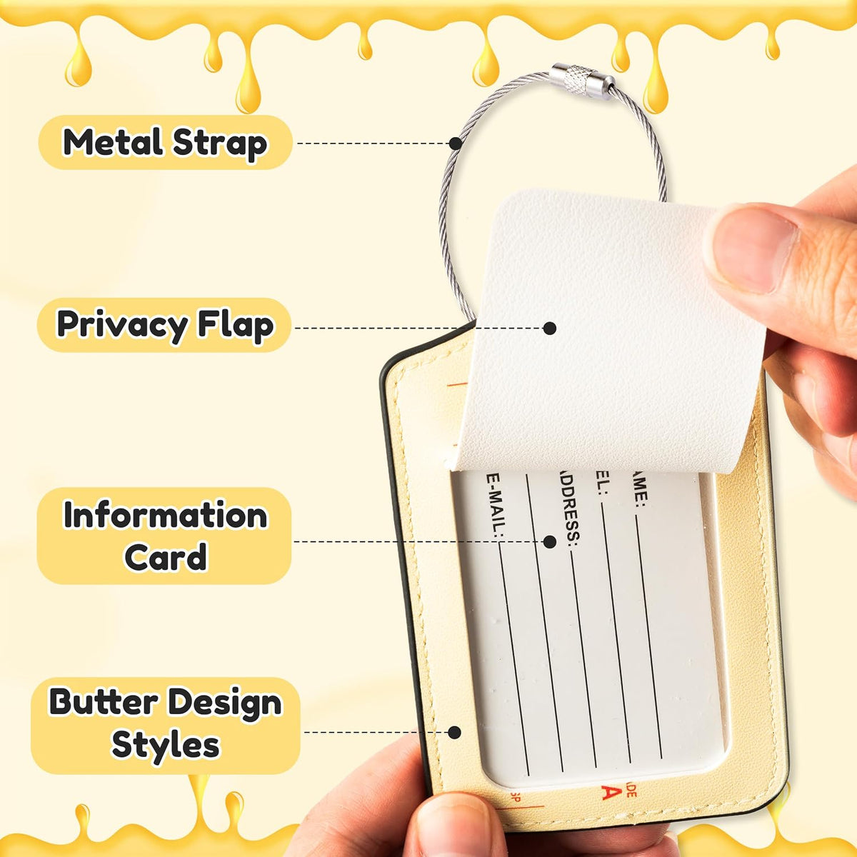 Laffact Butter Stick Luggage Tag - 2Sets Funny Kitchen Inspired Airport ID Badge Tag, Double Fabric PU Leather Luggage Label Information Card Steel Loop for Suitcases Handbags Backpacks Birthday Gifts