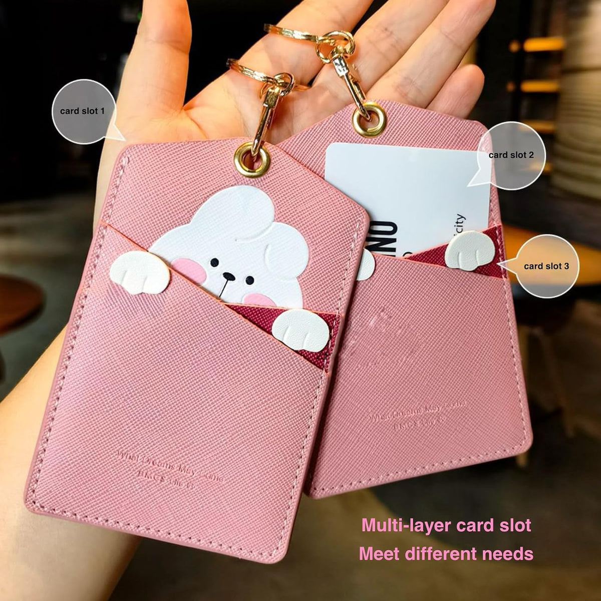 PU Leather ID Badge Holder, Cartoon Cute Badge Holder with 3 Card Slots