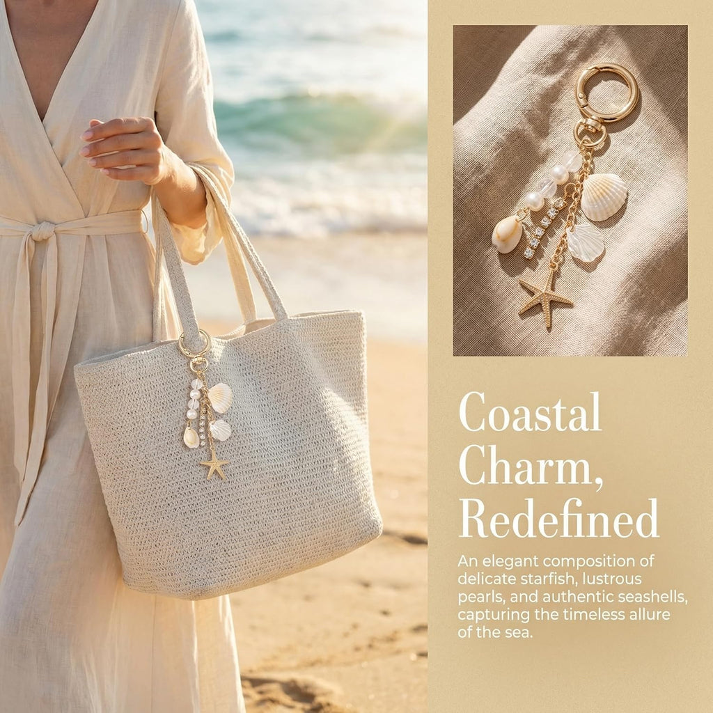 Beach Keychain with Gold Starfish and Seashell Charms Coastal Bag Charm Keychains for Women Cute Beachy Purse Accessories Sea Shell Travel for Ocean Lovers and Coastal Vibes