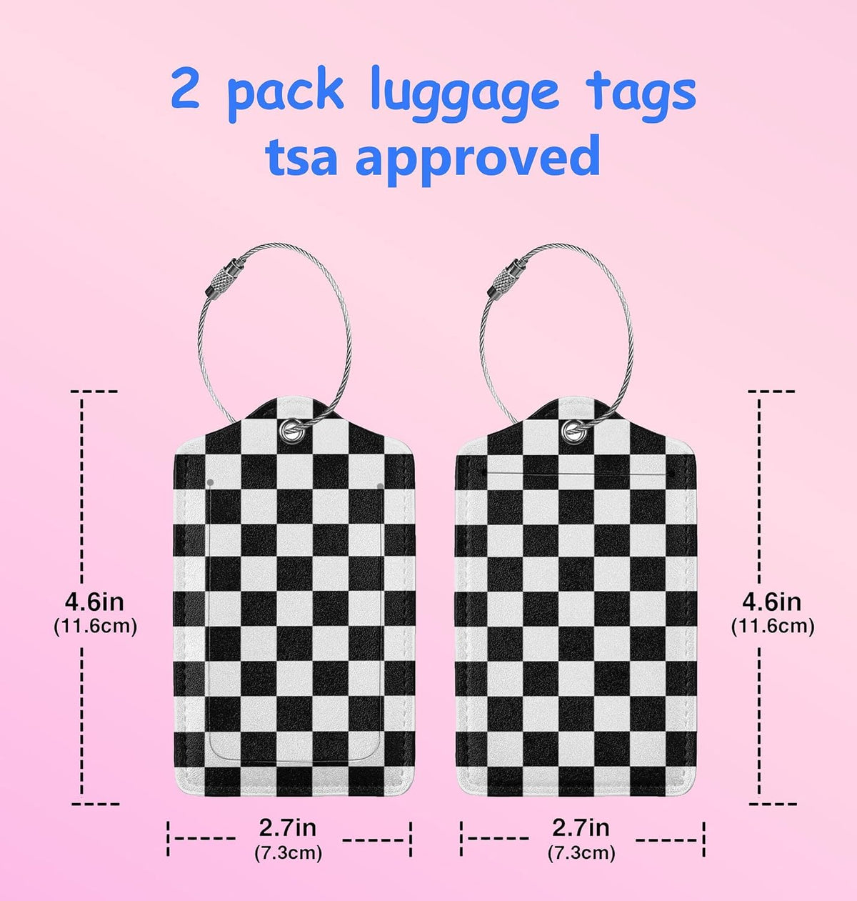 2P Black White Plaid Lines Race Grid Checkered Flag Luggage Tags Privacy Cover ID Label with Stainless Steel Loop and Address Card for Travel Bag Suitcase Funny Cute Man Women Kids