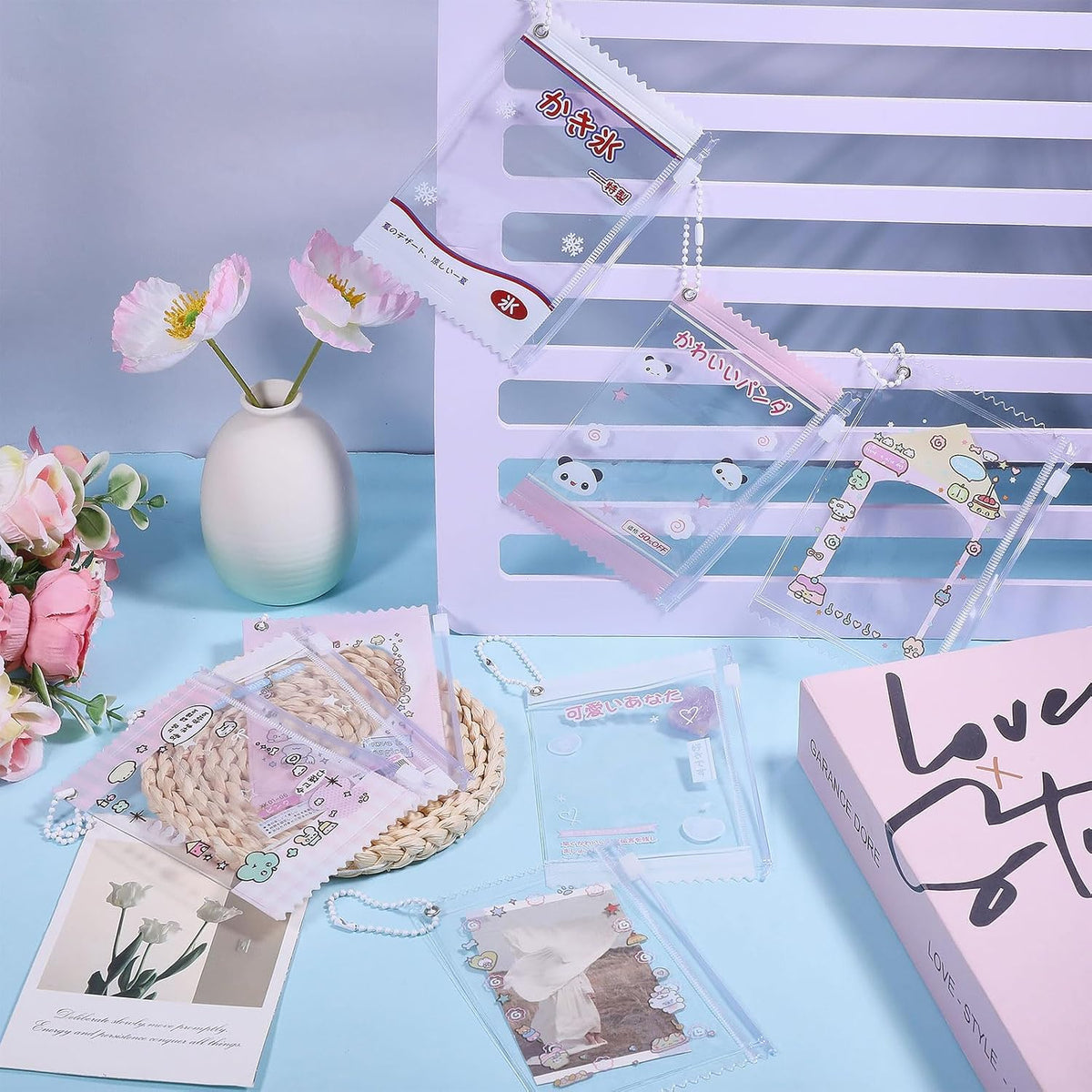 8Pcs Sweet Candy Photocard Holder Cute Cartoon Photocard Holder Set PVC Clear Card Protector Pouch with Detachable Chains, Waterproof ID Badge Holders for Women Girls, 3.6''×5.3"