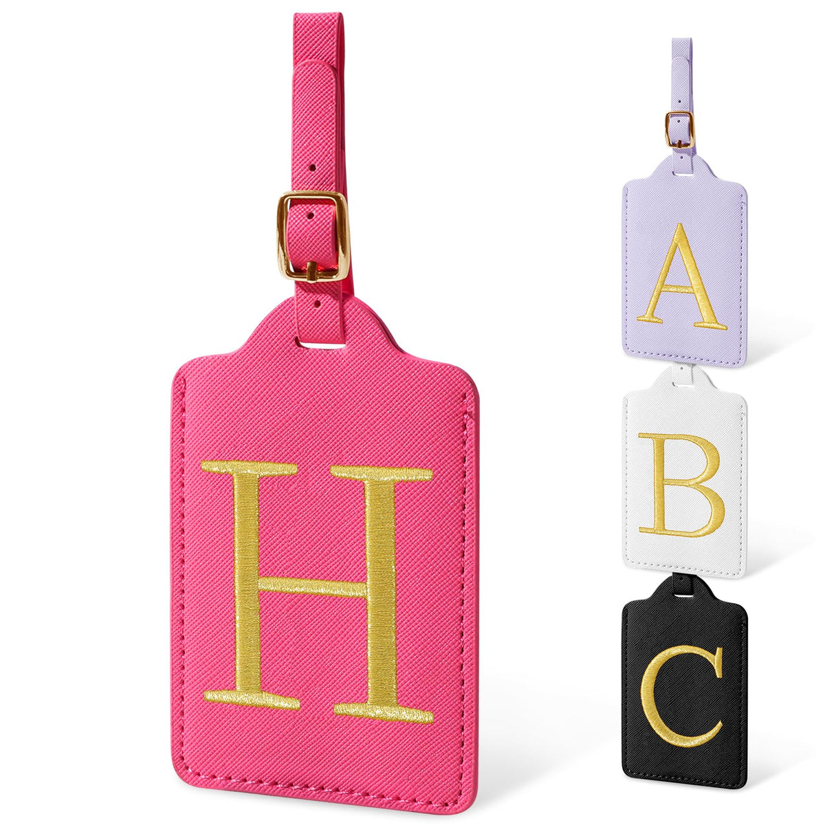 Personalized Initial Luggage Tags for Suitcases, Cute PU Leather Embroidered Letter Travel Luggage Tags, Suitcase Identifier Name Baggage Tag, Bag Tags for Men Women Kids Luggage Handbags(Pink M)