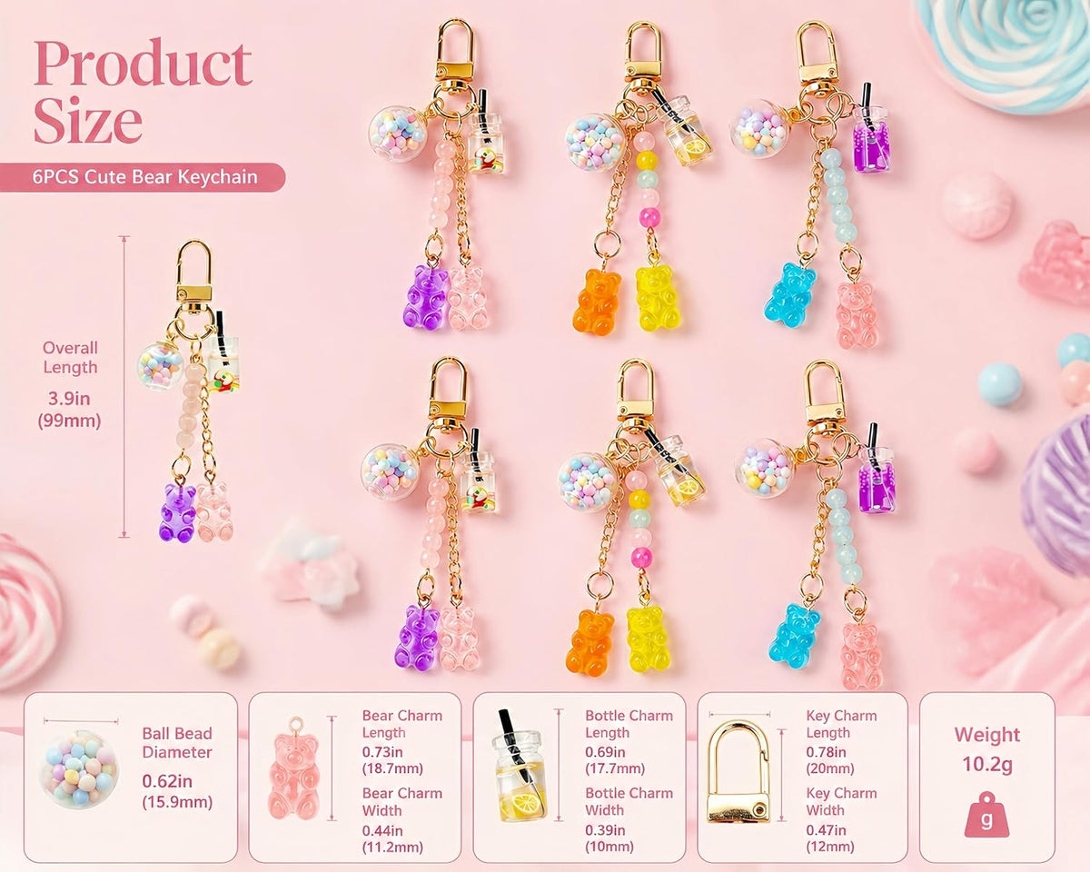 6 Pack Resin Bear Keychain Set, Kawaii Candy Color Bear Key Ring Charms for Backpacks, Handbags and Car Keys