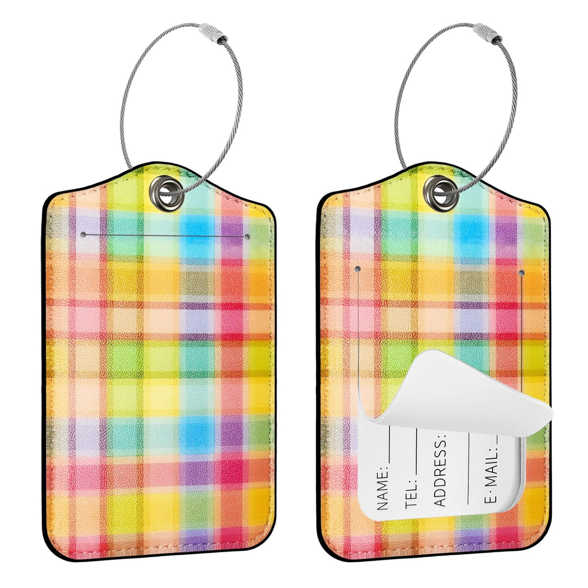Seorsok 2Pcs Luggage Travel Tags for Suitcases,Cute Color Grids Checkered PU Leather Name Tag with Privacy Cover&ID Label Address Card and Durable Metal Ring Suitable for Men Women Handbags Backpack
