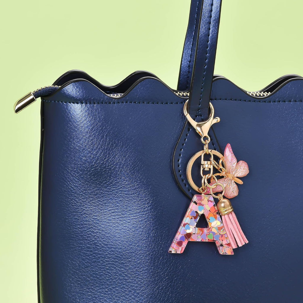Fashion Alphabet Initial Letter Keychain Tassel Butterfly Pendant Key Ring for Purse Handbags Women Girl