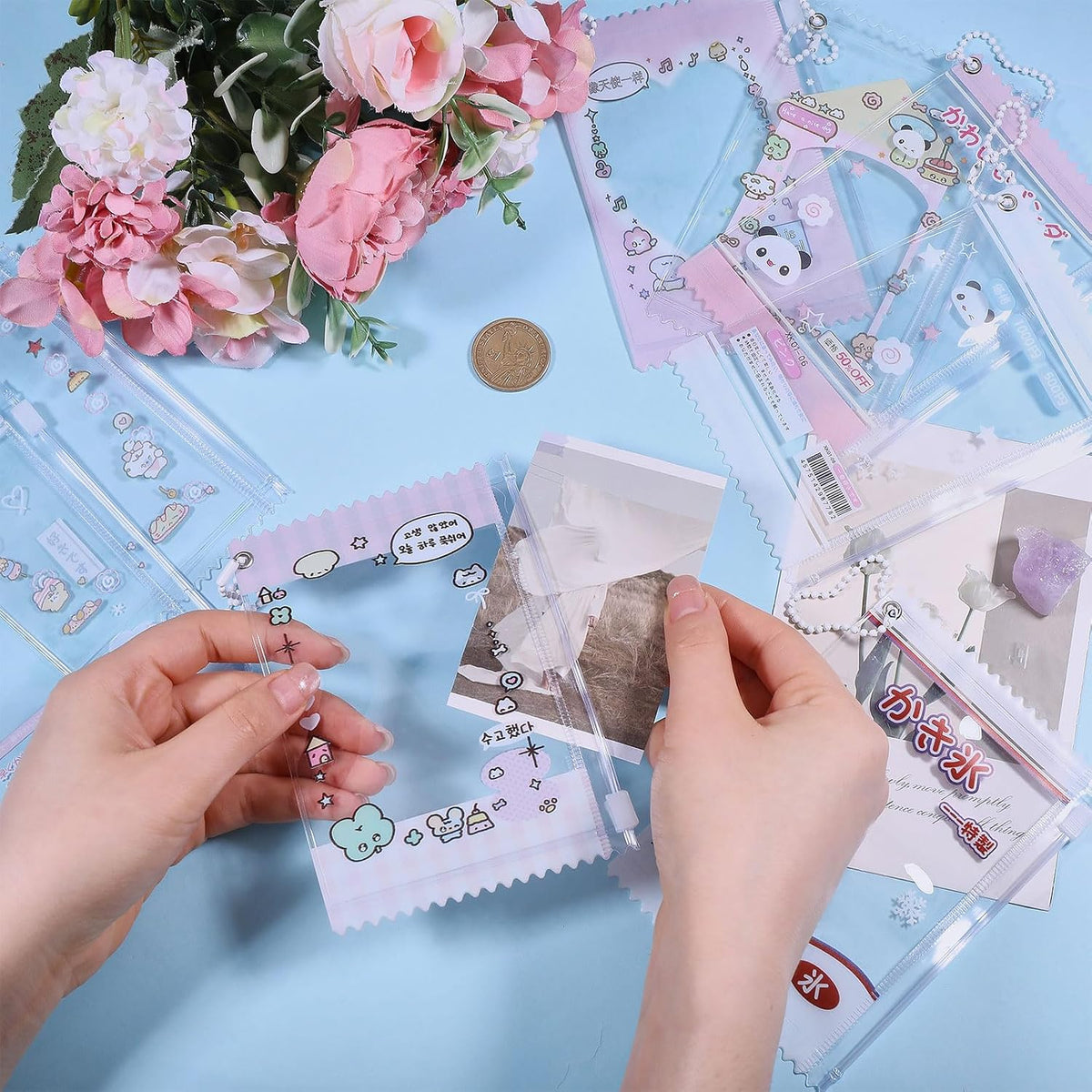 8Pcs Sweet Candy Photocard Holder Cute Cartoon Photocard Holder Set PVC Clear Card Protector Pouch with Detachable Chains, Waterproof ID Badge Holders for Women Girls, 3.6''×5.3"