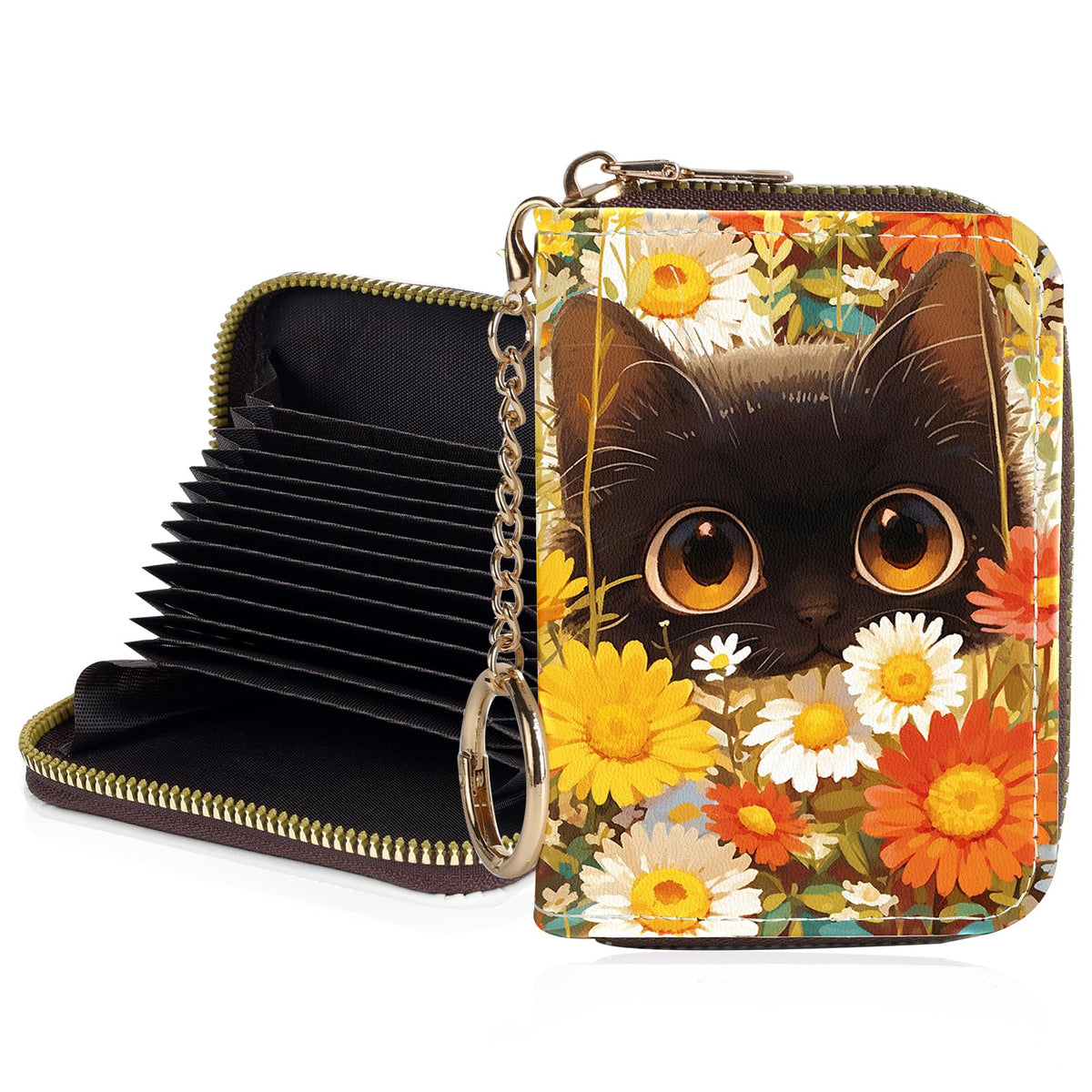 Credit Card Holder for Women,Small Rfid Wallet with Keychain Zipper,Cute PU Leather Card Case Wallet，Accordion Credit Card Wallets Gift,Flowers and Black Cat B
