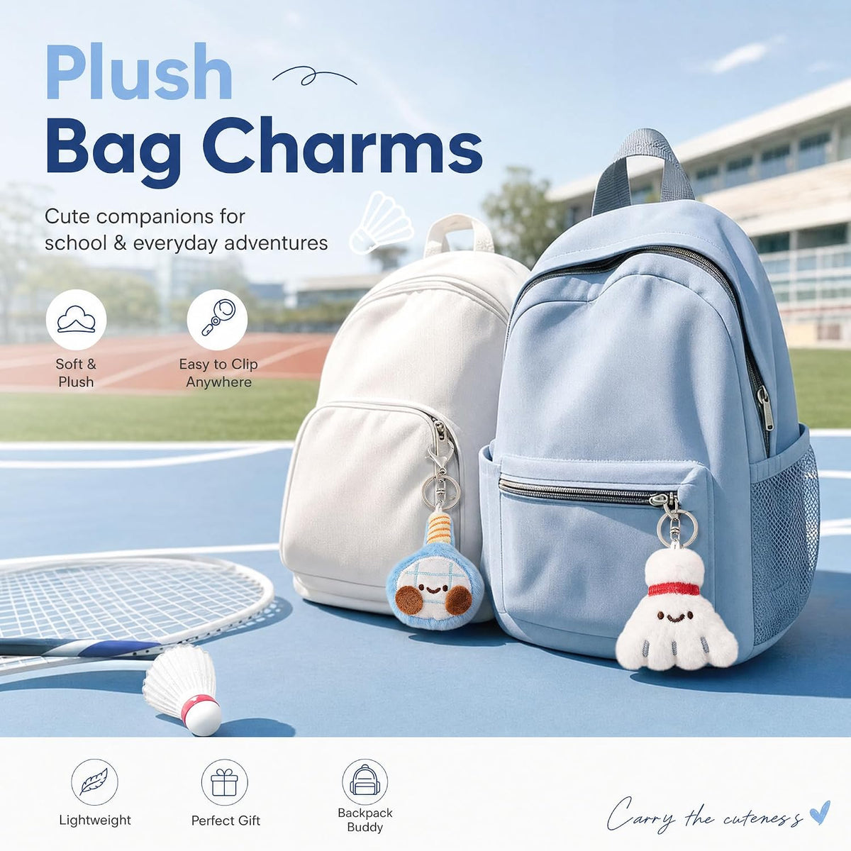 2 Pieces Plush Badminton Racket Set Bag Charm Cute Purse Charm Plush Car Key Sports Backpack Accessories Balls Party Birthday Gifts Matching Key Ring (Blue Badminton)