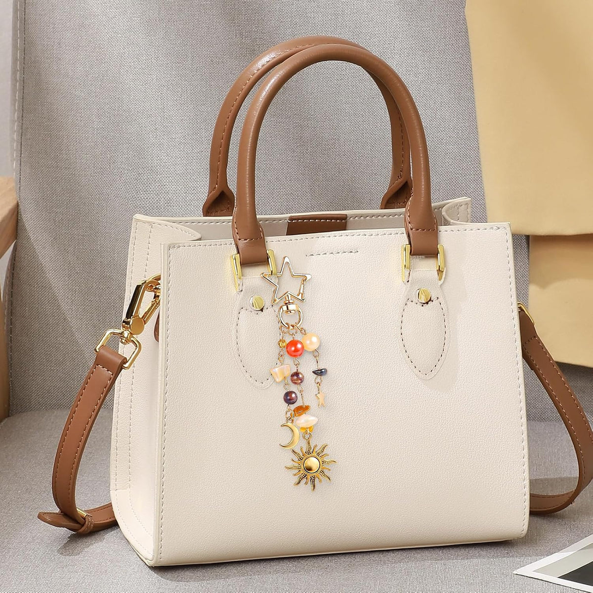 Sun and Moon Keychain Colorful Star Beads Gemstone Charm, Y2K Aesthetic Purse Charm for Women,Men, Handbag & Backpack Decoration