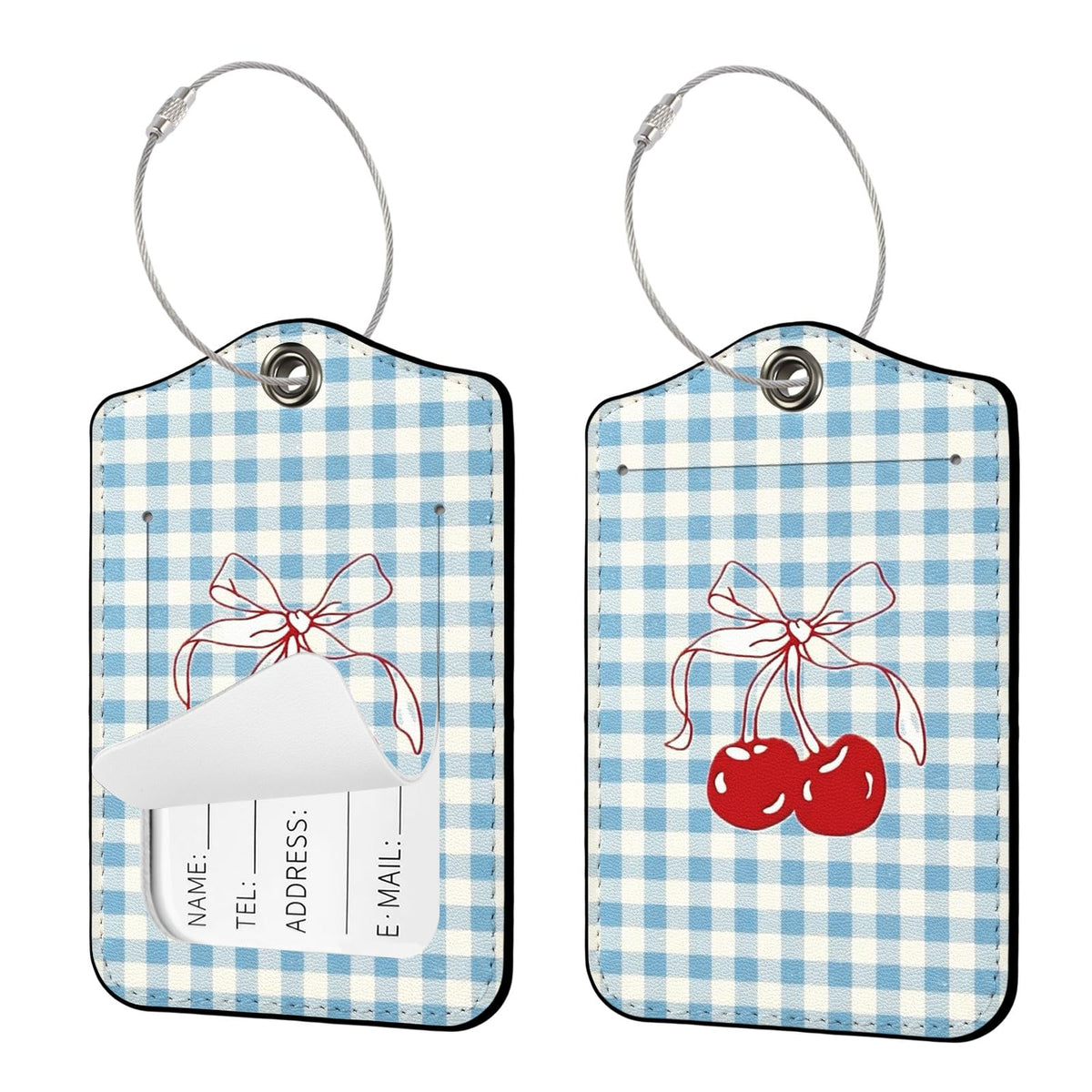 Seorsok 2Pcs Luggage Travel Tags for Suitcases,Cute Color Grids Checkered PU Leather Name Tag with Privacy Cover&ID Label Address Card and Durable Metal Ring Suitable for Men Women Handbags Backpack