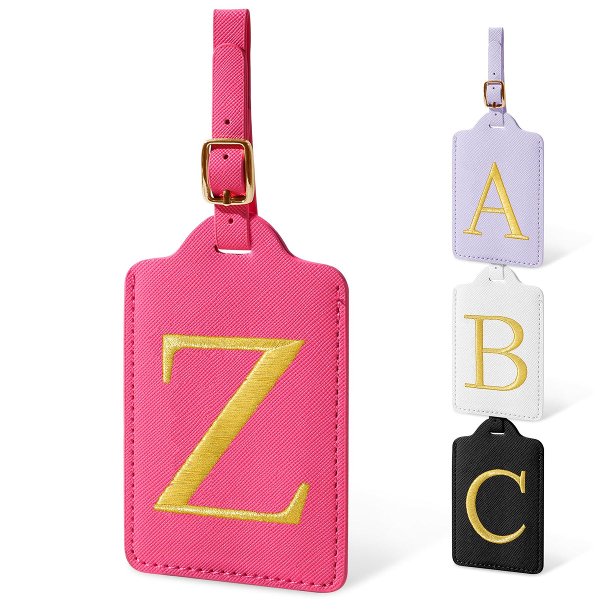 Personalized Initial Luggage Tags for Suitcases, Cute PU Leather Embroidered Letter Travel Luggage Tags, Suitcase Identifier Name Baggage Tag, Bag Tags for Men Women Kids Luggage Handbags(Pink M)