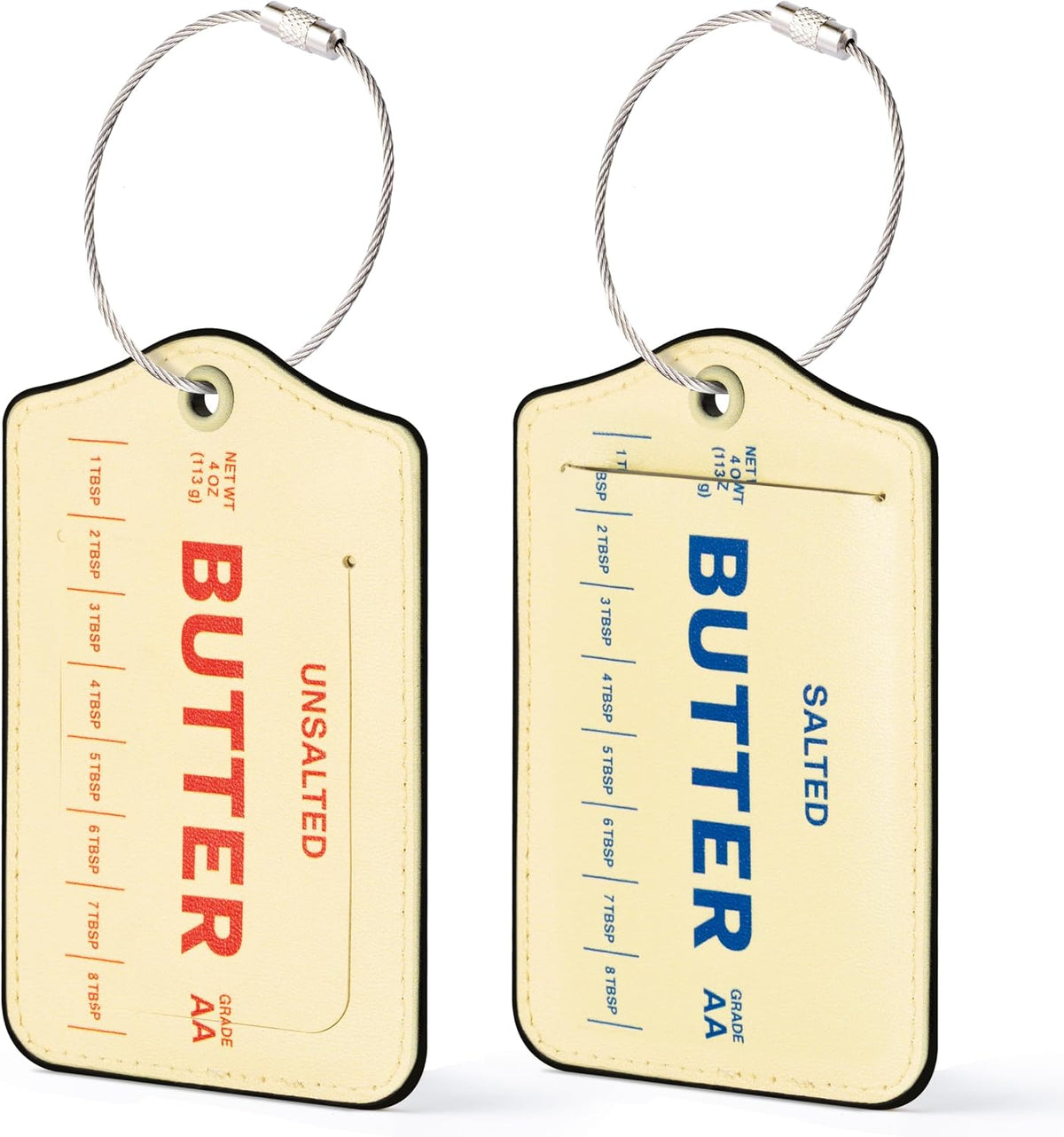 Laffact Butter Stick Luggage Tag - 2Sets Funny Kitchen Inspired Airport ID Badge Tag, Double Fabric PU Leather Luggage Label Information Card Steel Loop for Suitcases Handbags Backpacks Birthday Gifts