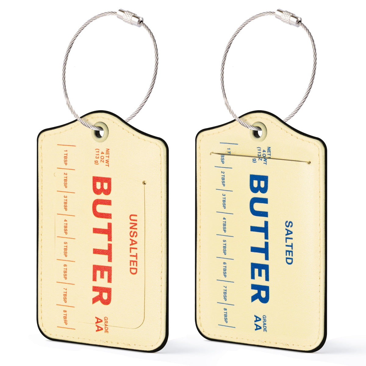 Laffact Butter Stick Luggage Tag - 2Sets Funny Kitchen Inspired Airport ID Badge Tag, Double Fabric PU Leather Luggage Label Information Card Steel Loop for Suitcases Handbags Backpacks Birthday Gifts