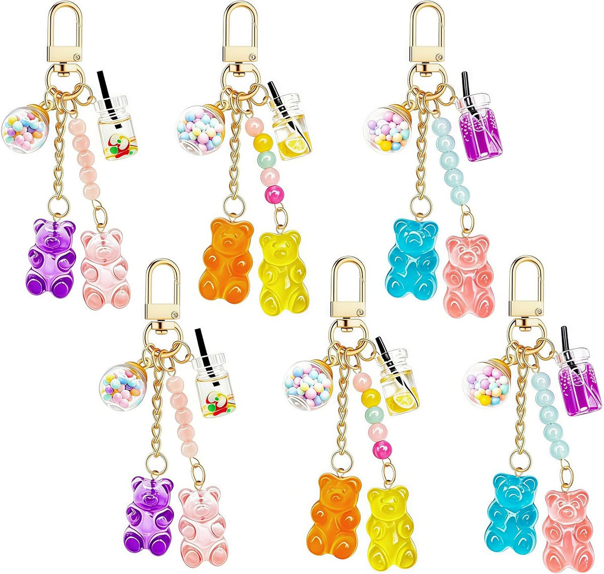 6 Pack Resin Bear Keychain Set, Kawaii Candy Color Bear Key Ring Charms for Backpacks, Handbags and Car Keys