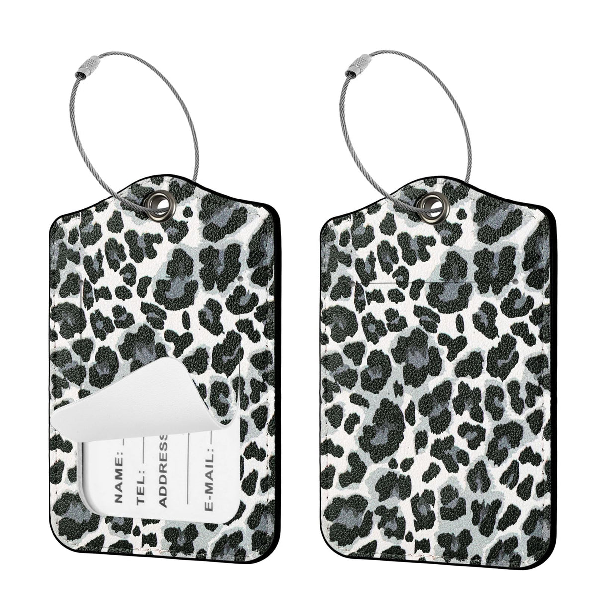 Seorsok 2 PCS Luggage Travel Tags for Suitcases,Cute Pink Leopard PU Leather Name Tag with Privacy Cover&ID Label Address Card and Durable Metal Ring Suitable for Men Women Handbags Backpack,Pink