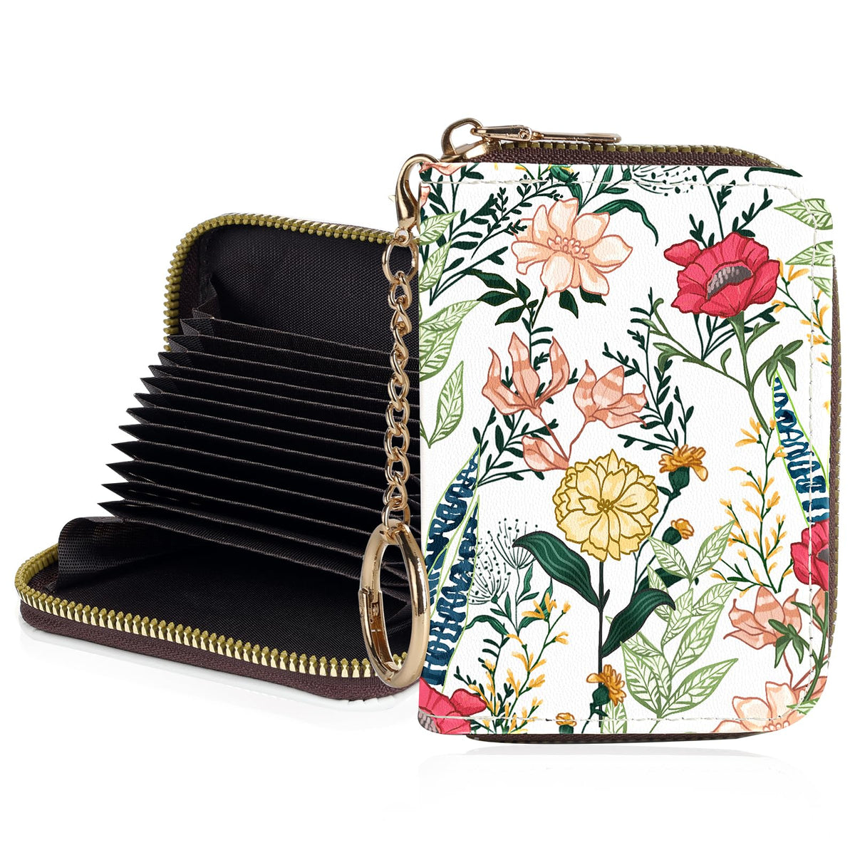 Credit Card Holder for Women,Small Rfid Wallet with Keychain Zipper,Cute PU Leather Card Case Wallet，Accordion Credit Card Wallets Gift,Flowers and Black Cat B