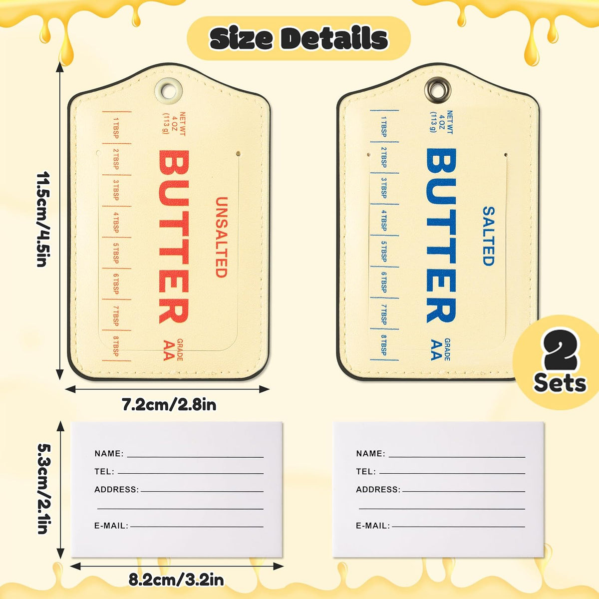 Laffact Butter Stick Luggage Tag - 2Sets Funny Kitchen Inspired Airport ID Badge Tag, Double Fabric PU Leather Luggage Label Information Card Steel Loop for Suitcases Handbags Backpacks Birthday Gifts