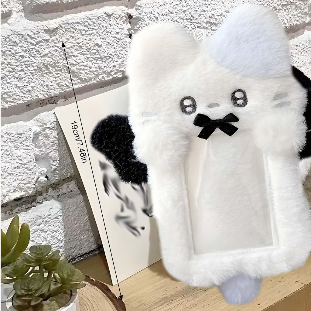 2 Pieces Cartoon Photocard Holder - Plush Rabbit and Cat Photo Card Display Protective Sleeves, Transparent Cover Case for Bus Card, Student Card, ID