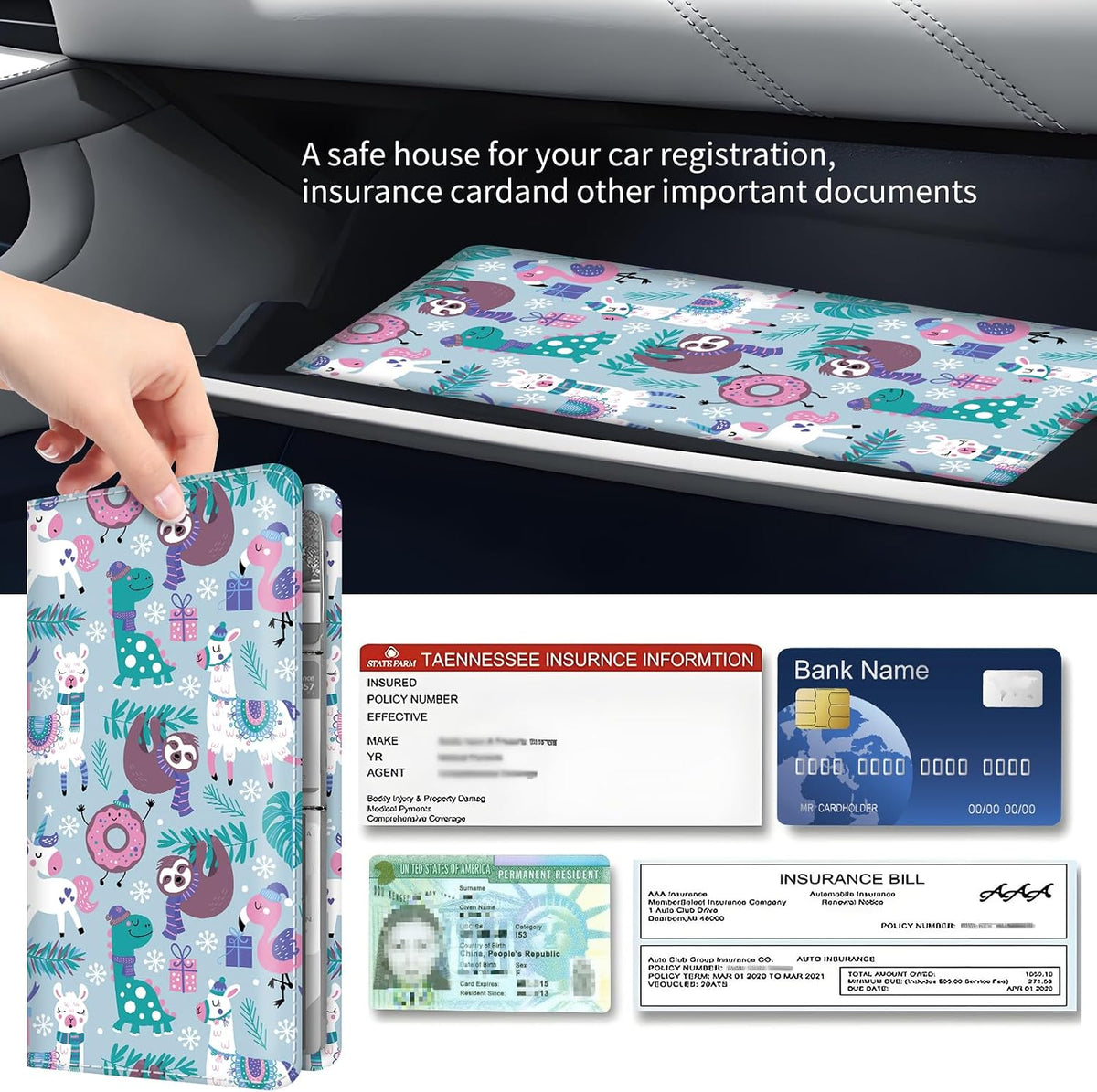 Premium Car Registration and Insurance Card Holder, Cute PU Leather Car Document Holder, Vehicle Glove Box Car Organizer with Magnetic Closure for Driver License, Cards Cartoon Animals