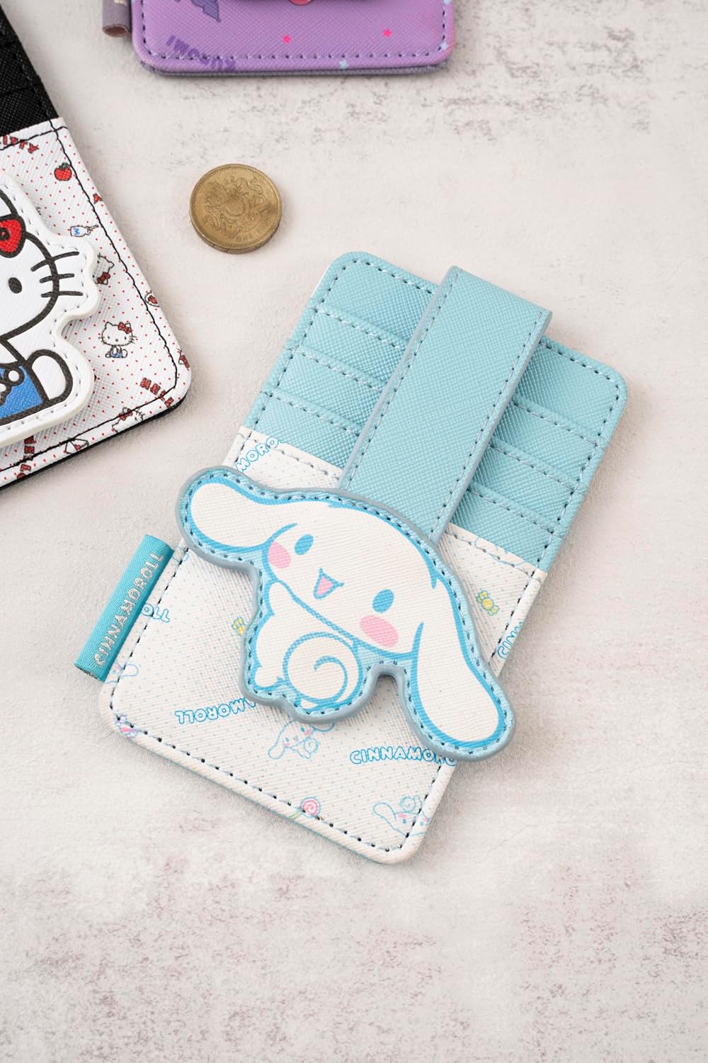 Slim Kitty Friends RFID Blocking Credit Cards Holder Wallet Japanese Cute Characters with Window ID Slot (Cinnamoroll's Sky Blue)