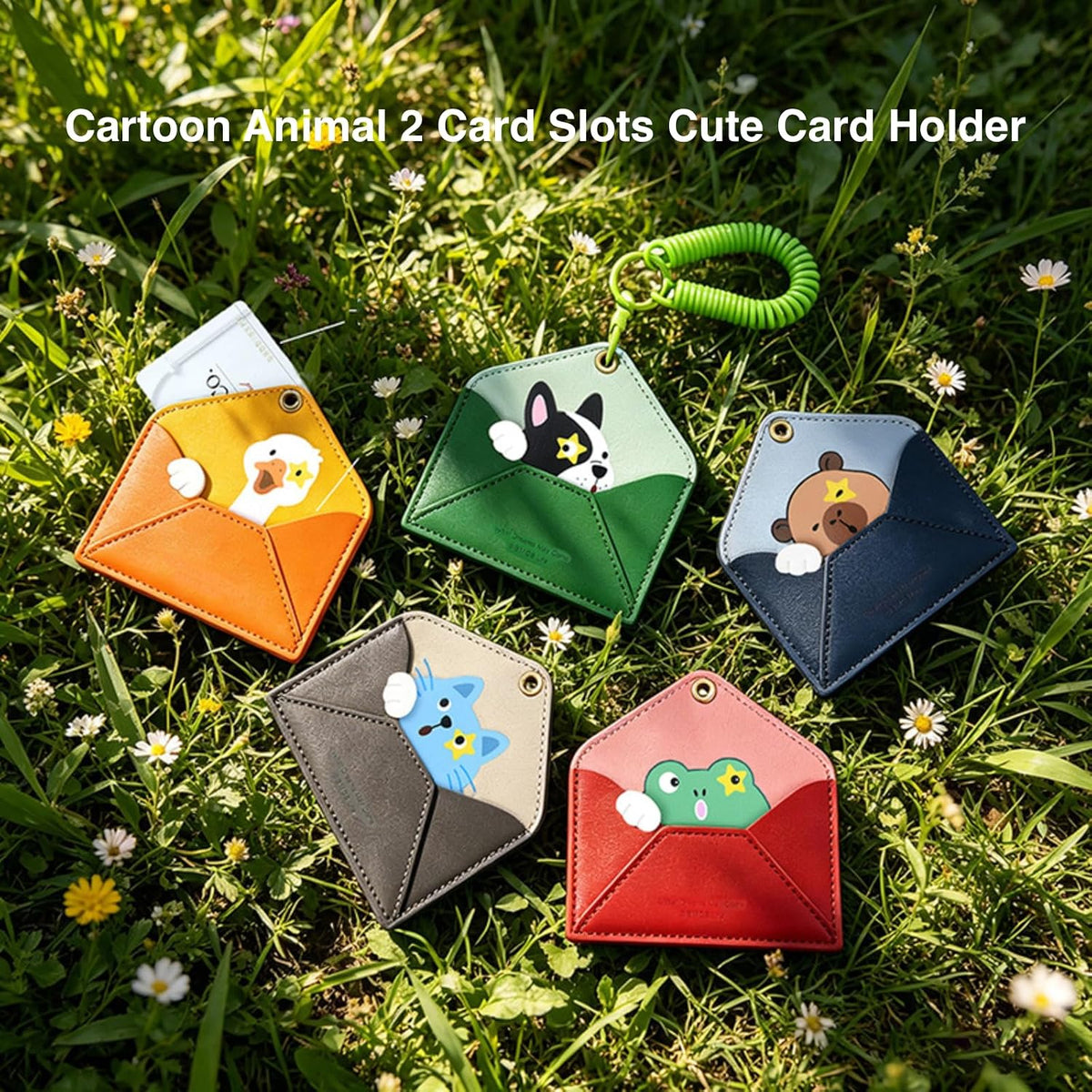 ID Badge Holder with Keychain, Cartoon Animal 2 Card Slots Cute Card Holder