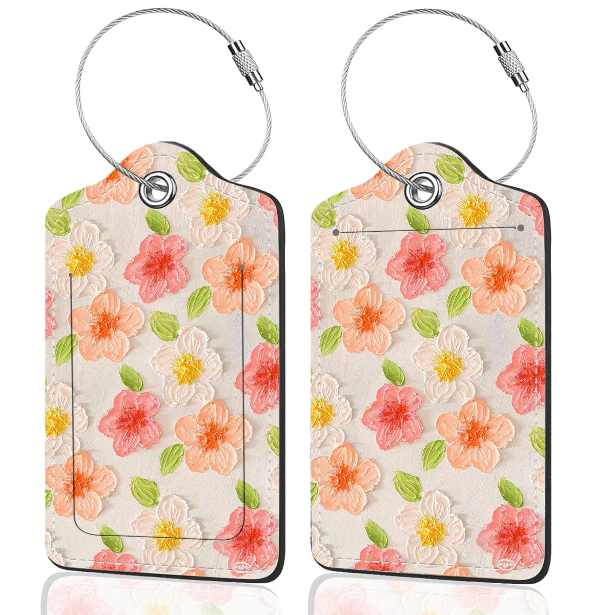2Pack Luggage Tags for Suitcases, Cute Unique Pu Leather Cruise Luggage Tag with Privacy Cover ID Label Address Card and Metal Ring Suitable for Women Men Kids Travel Bag Linear Flower