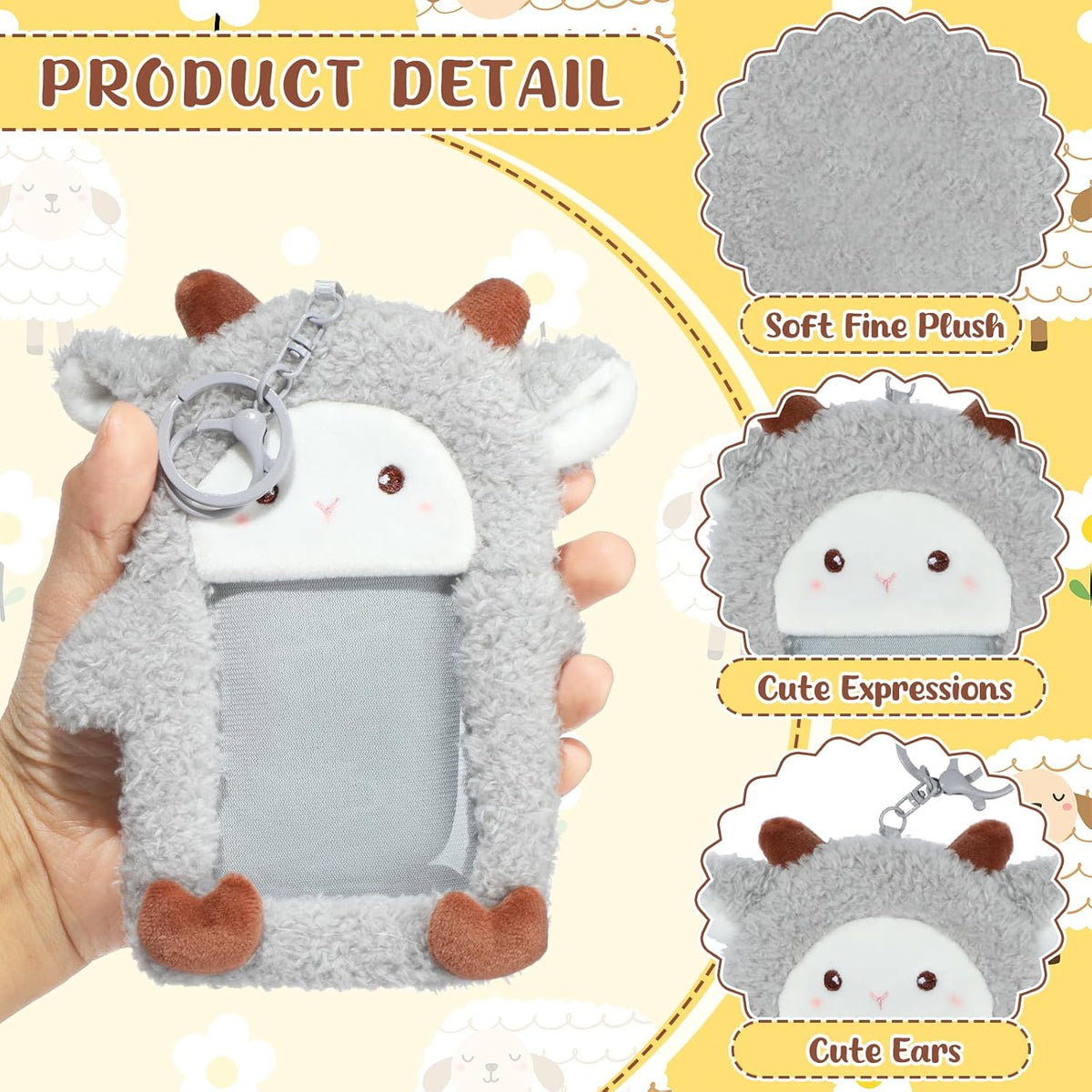 NEWEST Sheep Plush Kpop Photocard Holder with Keychain, Soft Lamb ID Badge Holder Protector Cover, Cute Cartoon Farm Animal Photo Case Sleeves for Idol ID Card Student Worker Bag Charm Pendant