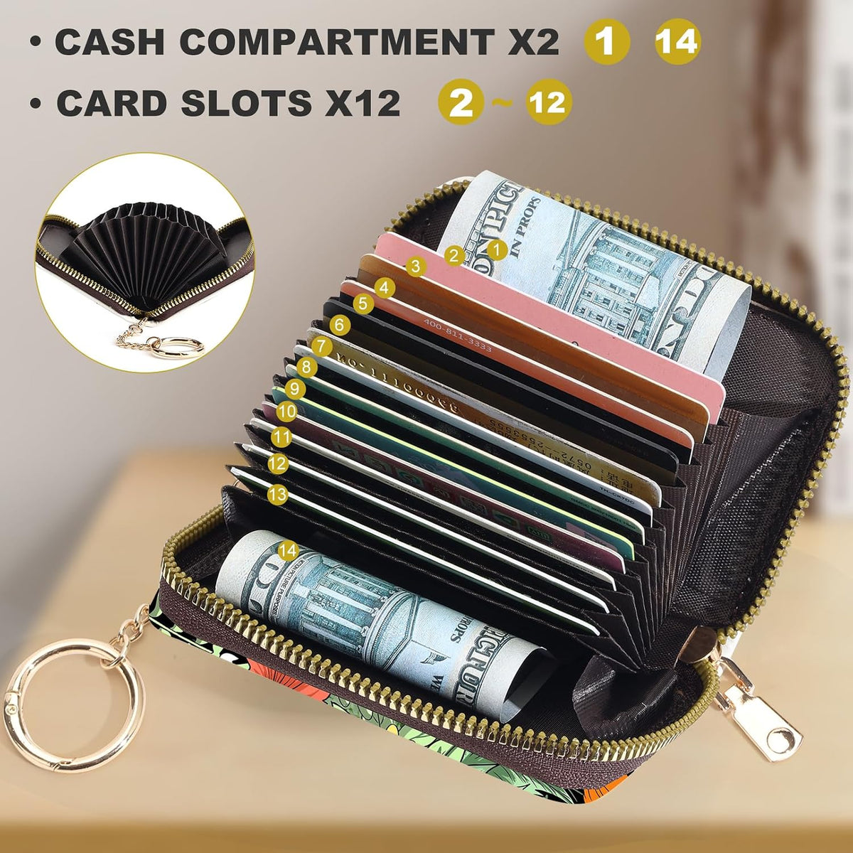 Credit Card Holder for Women,Small Rfid Wallet with Keychain Zipper,Cute PU Leather Card Case Wallet，Accordion Credit Card Wallets Gift,Flowers and Black Cat B