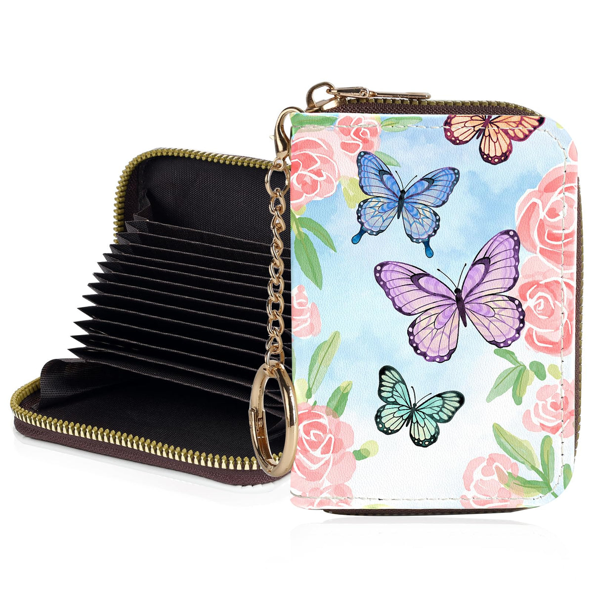 Credit Card Holder for Women,Small Rfid Wallet with Keychain Zipper,Cute PU Leather Card Case Wallet，Accordion Credit Card Wallets Gift,Flowers and Black Cat B