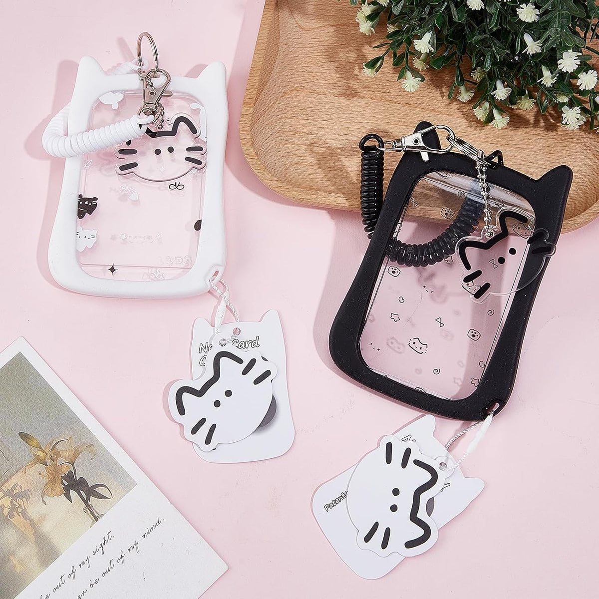 NICENEEDED 2 PCS Kpop Photocard Holder with Cartoon Cat Keychain, Kawaii Silicone White Black ID Holder, Transparent Photo Display Holder for Stationery Office Supplies