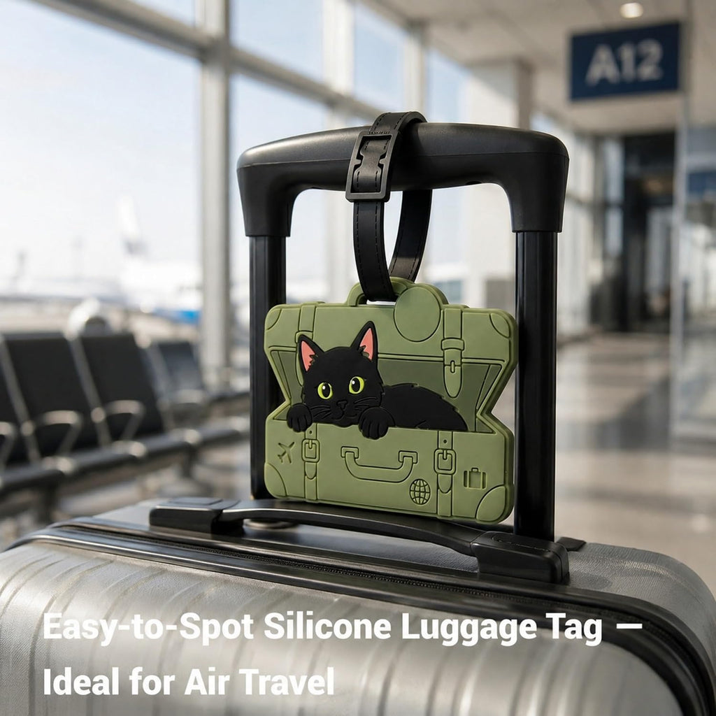 Peeking Black Cat Green Suitcase Silicone Luggage Tag for Travel Bags, Flexible Name Label with Adjustable Strap, Cute Identifier for Carry On, Backpacks, School Bags and Pet Lovers