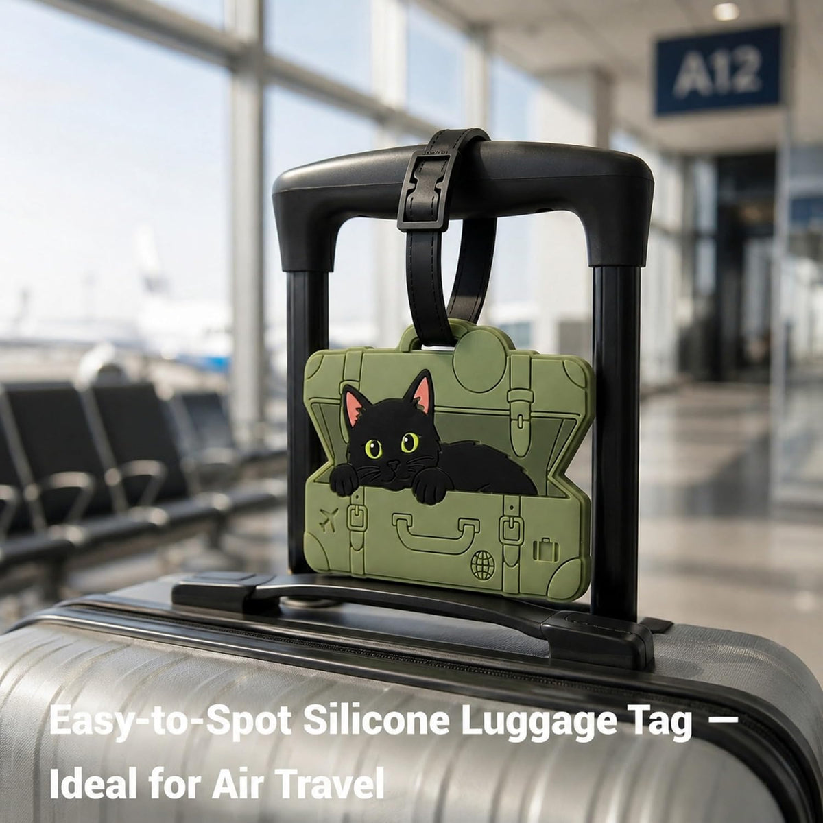 Peeking Black Cat Green Suitcase Silicone Luggage Tag for Travel Bags, Flexible Name Label with Adjustable Strap, Cute Identifier for Carry On, Backpacks, School Bags and Pet Lovers