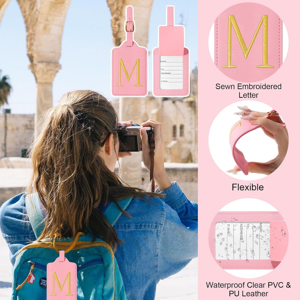 Personalized Initial Luggage Tags for Suitcases, Cute PU Leather Embroidered Letter Travel Luggage Tags, Suitcase Identifier Name Baggage Tag, Bag Tags for Men Women Kids Luggage Handbags(Pink M)