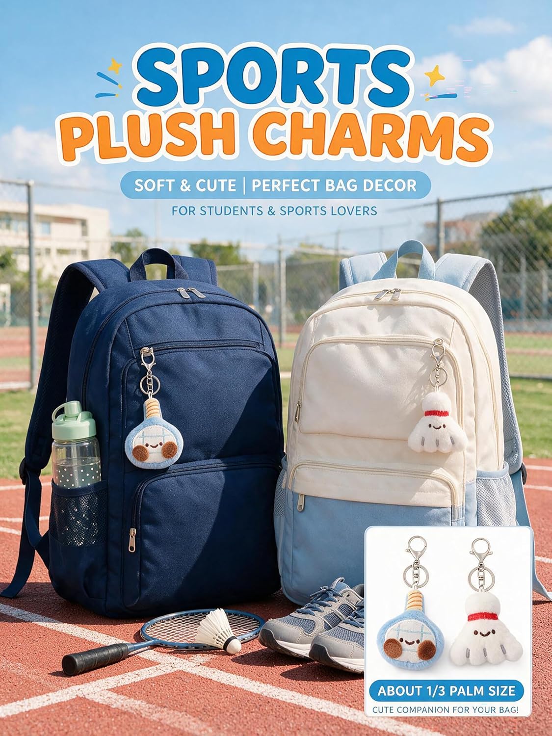 2 Pieces Plush Badminton Racket Set Bag Charm Cute Purse Charm Plush Car Key Sports Backpack Accessories Balls Party Birthday Gifts Matching Key Ring (Blue Badminton)