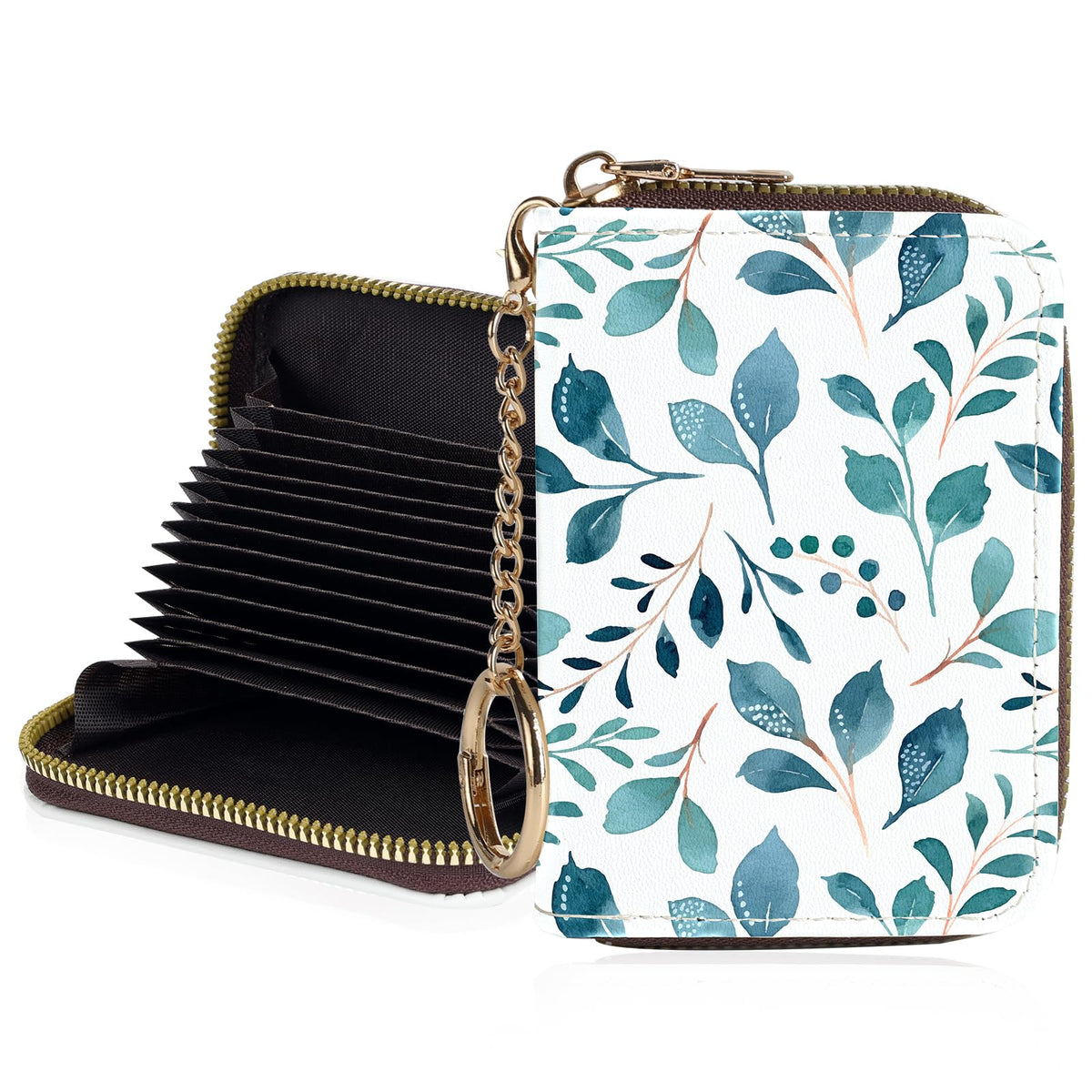 Credit Card Holder for Women,Small Rfid Wallet with Keychain Zipper,Cute PU Leather Card Case Wallet，Accordion Credit Card Wallets Gift,Flowers and Black Cat B