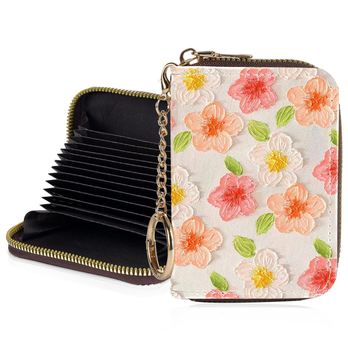 Credit Card Holder for Women,Small Rfid Wallet with Keychain Zipper,Cute PU Leather Card Case Wallet，Accordion Credit Card Wallets Gift,Flowers and Black Cat B
