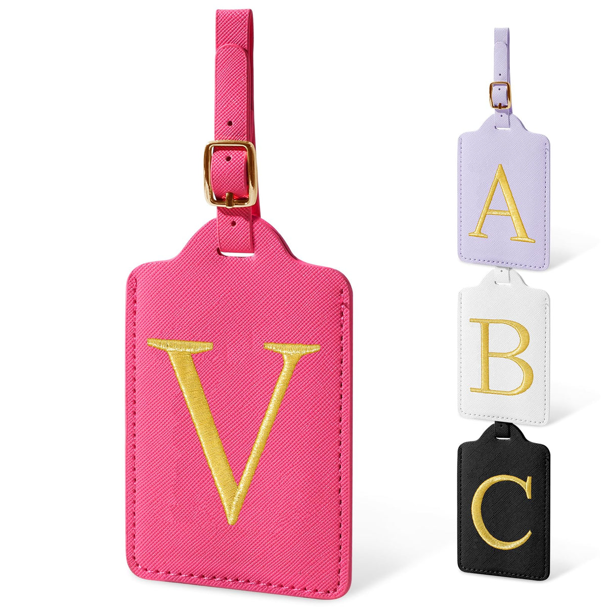 Personalized Initial Luggage Tags for Suitcases, Cute PU Leather Embroidered Letter Travel Luggage Tags, Suitcase Identifier Name Baggage Tag, Bag Tags for Men Women Kids Luggage Handbags(Pink M)