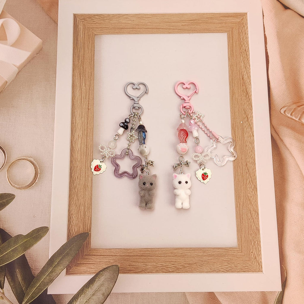 Cute Pink Fuzzy Cat Aesthetic Y2K Stylish Keychains