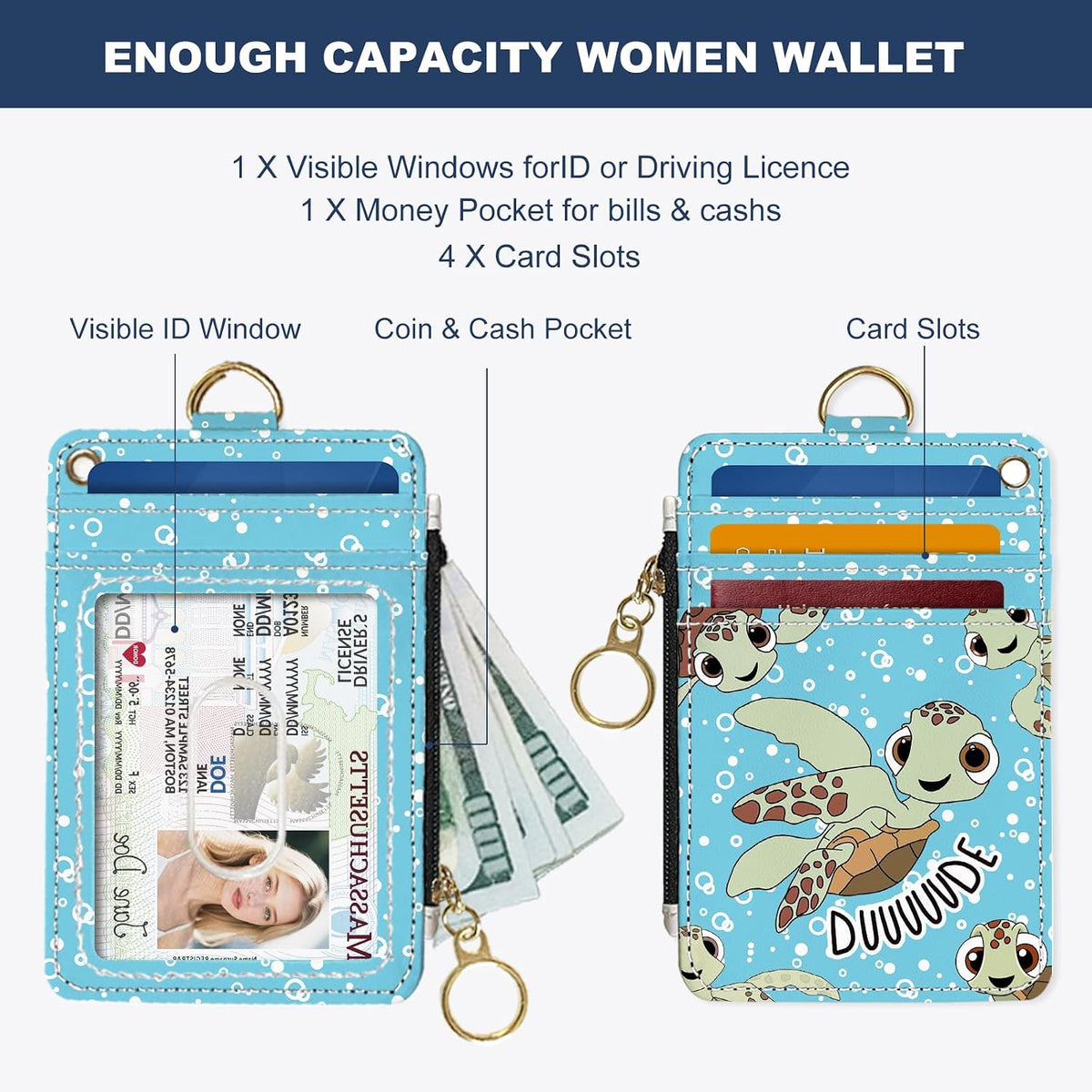 Slim Wallet Credit Card Holder, Sea Turtles, RFID Wallet Women Cute Small Front Pocket Wallet With Zipper, PU Leather Thin travel RFID Blocking Card Case ID Window,Ladies Gifts