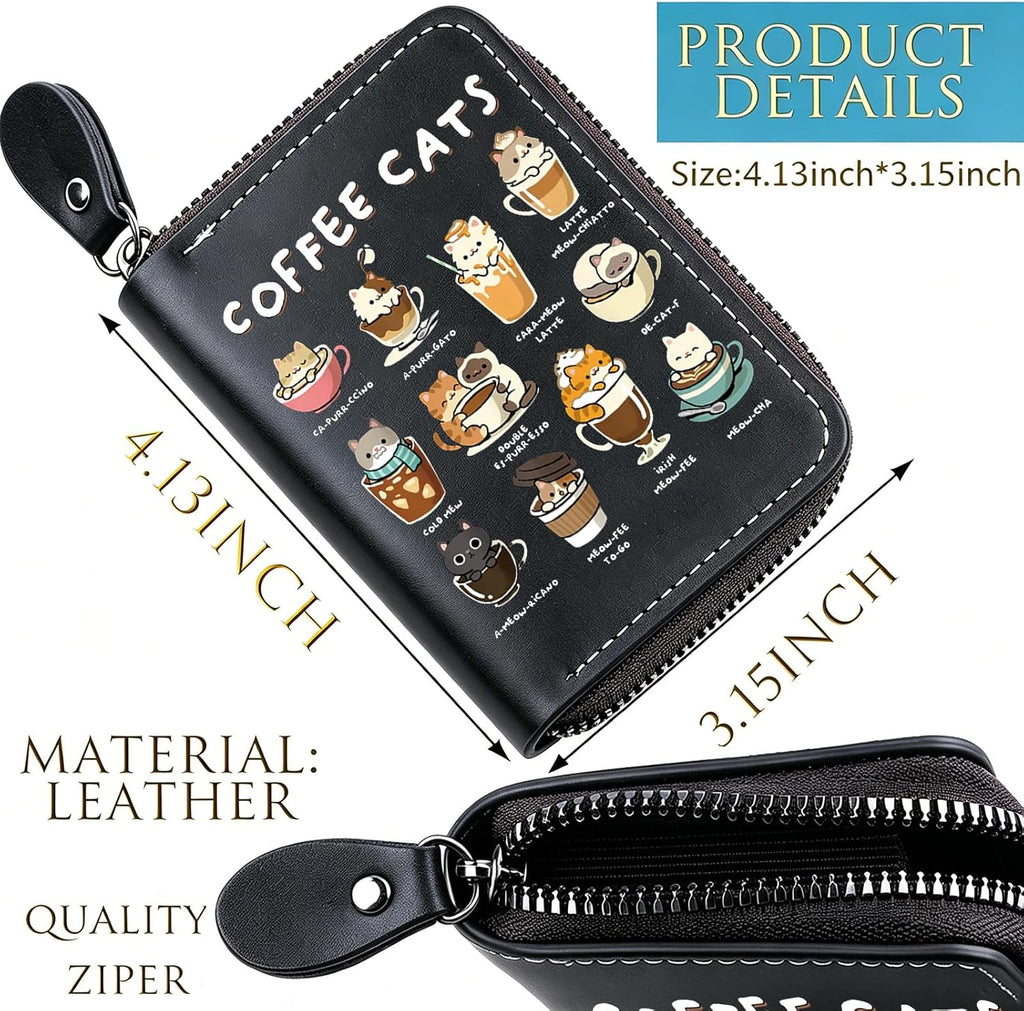 FEELMEM Coffee Cats Leather Credit Card Holder Zipper Wallet Cat Lover Barista Gift Coffee Enthusiasts Gift (black)
