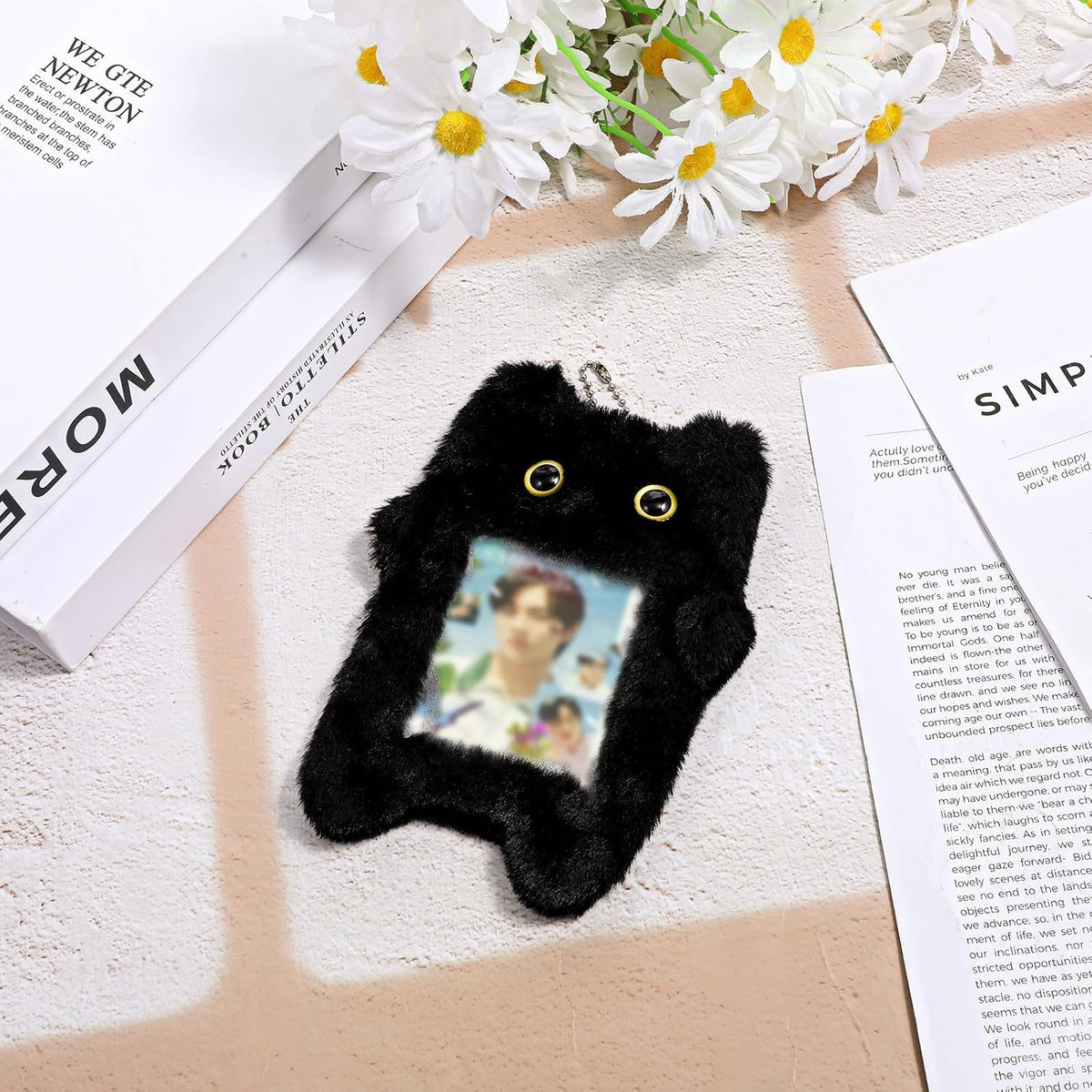 Black Cartoon Plush Photocard Holder Keychain, Cute Cartoon Cat Photo Card Holder Keychain, Soft Plush Photo Card Holder for ID Card Cover Photo Protective Bag Pendant Decor